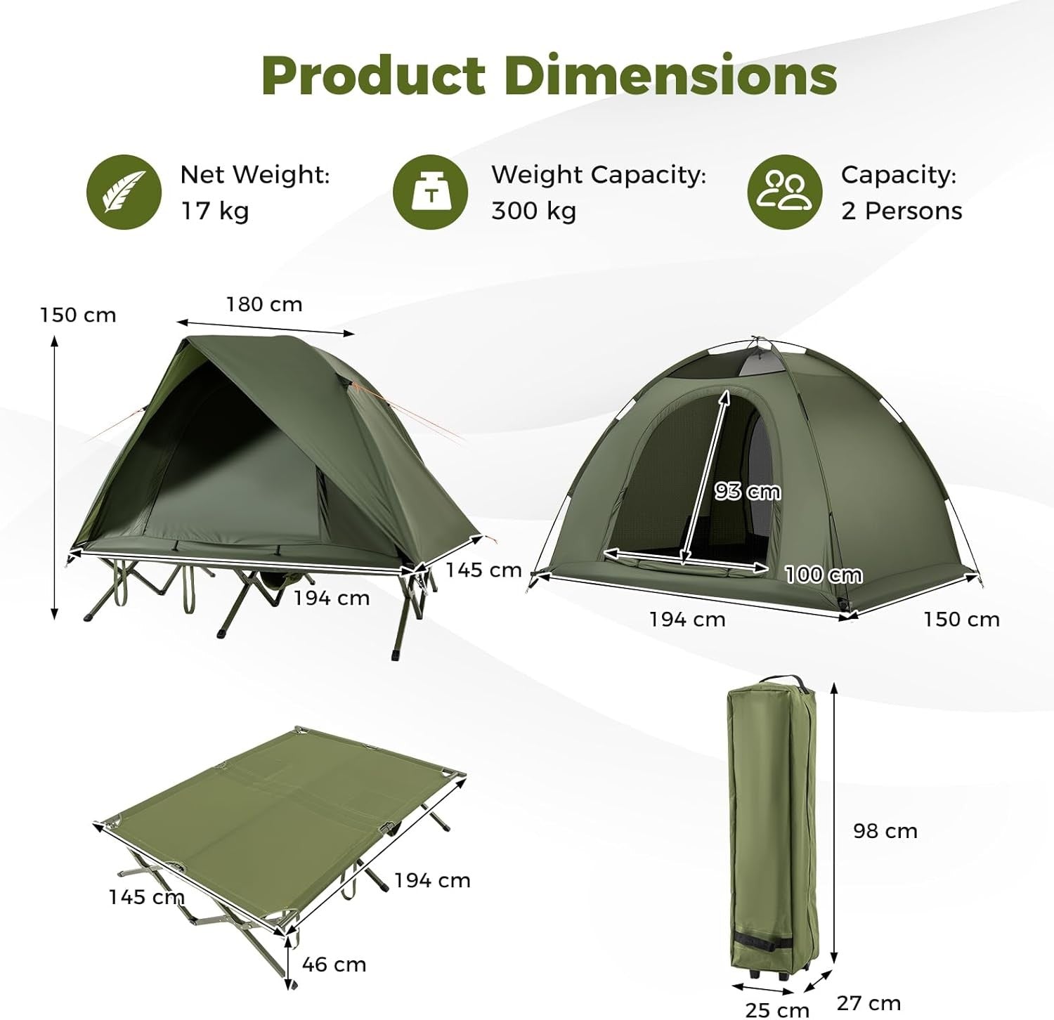 2 Person Elevated Camping Tent Cot Waterproof Foldable Bed