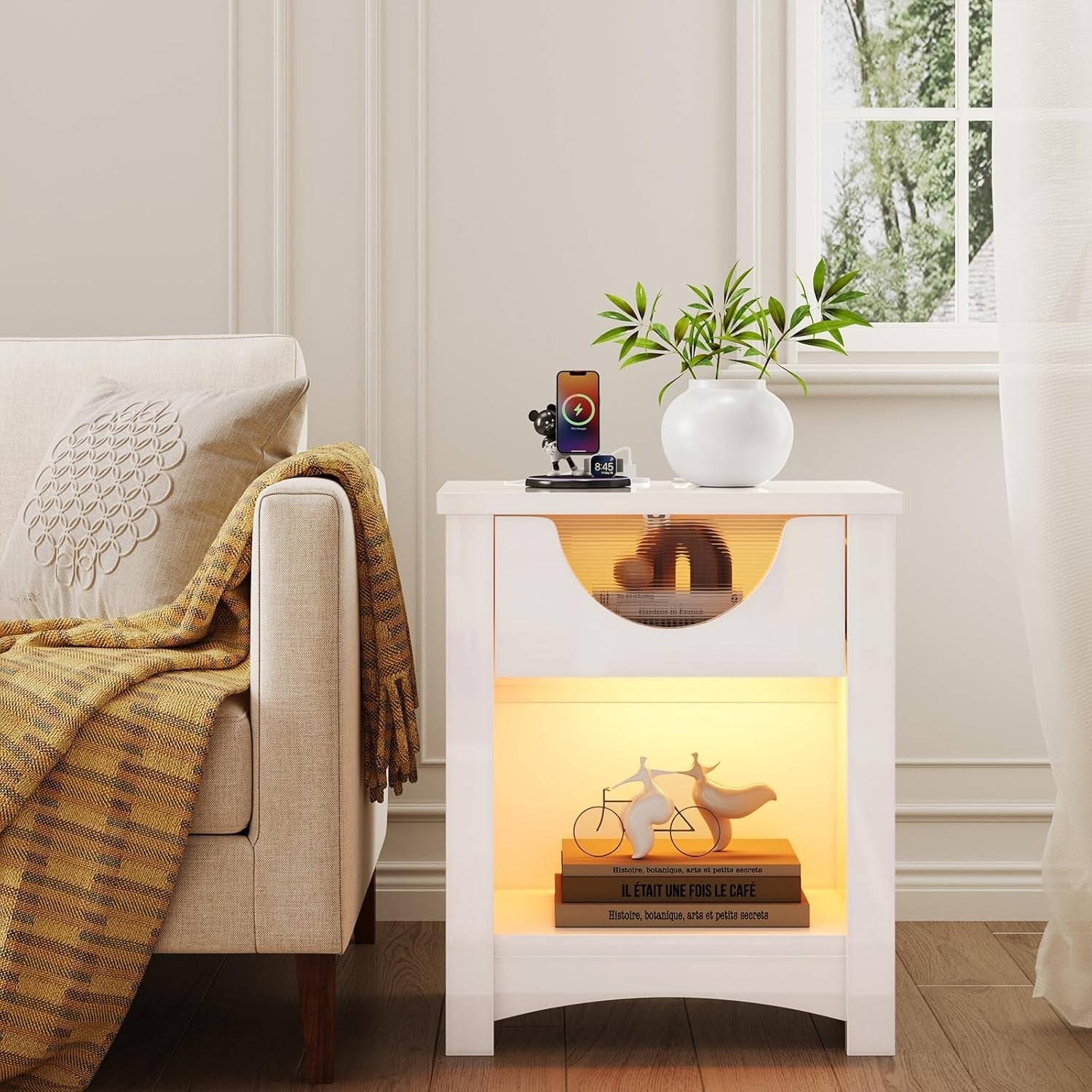 Modern LED Bedside Table With USB Port, Storage Drawer & Soft Ambient Light