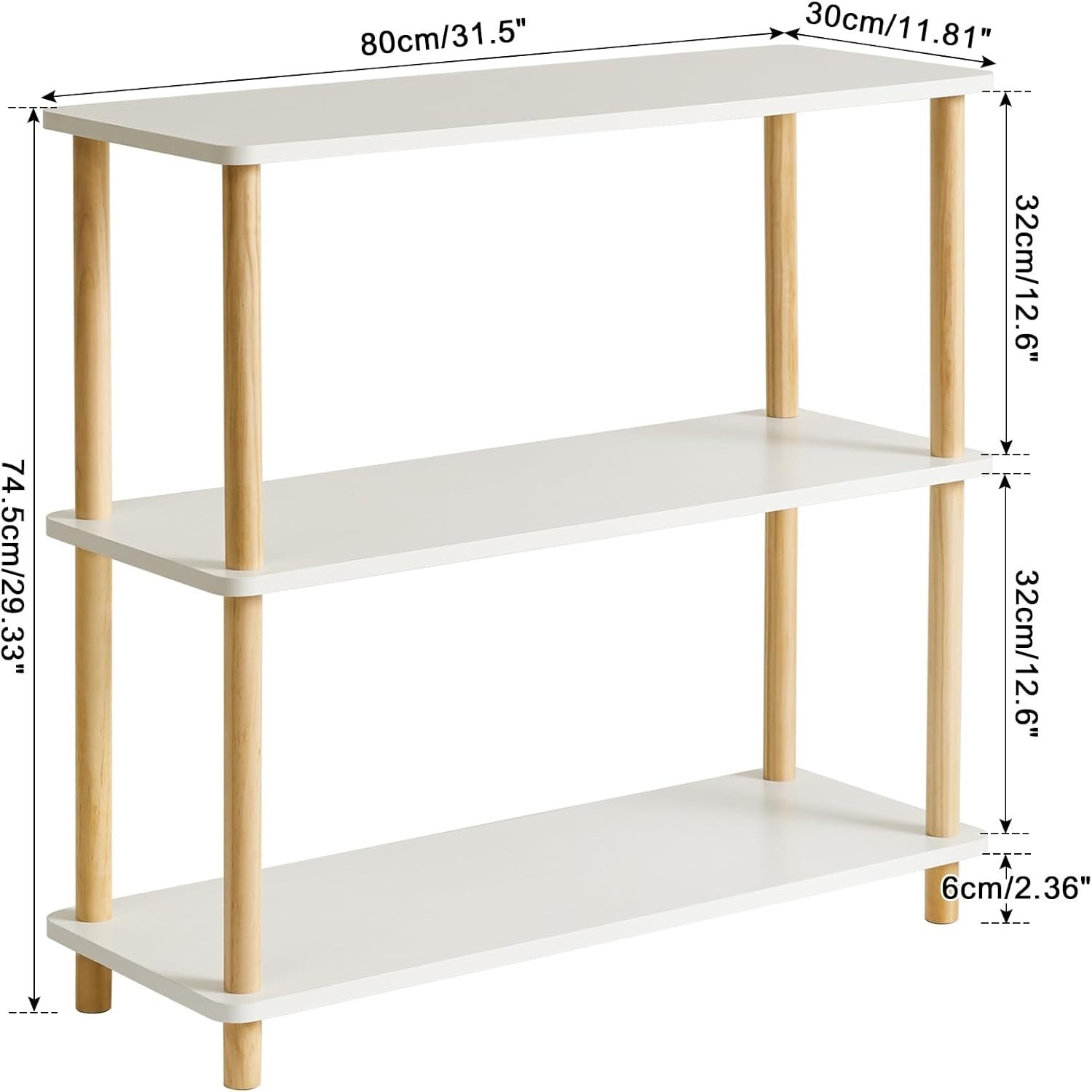 3 Tier Wooden Bookcase White Beech Legs Freestanding Storage Shelf 74cm