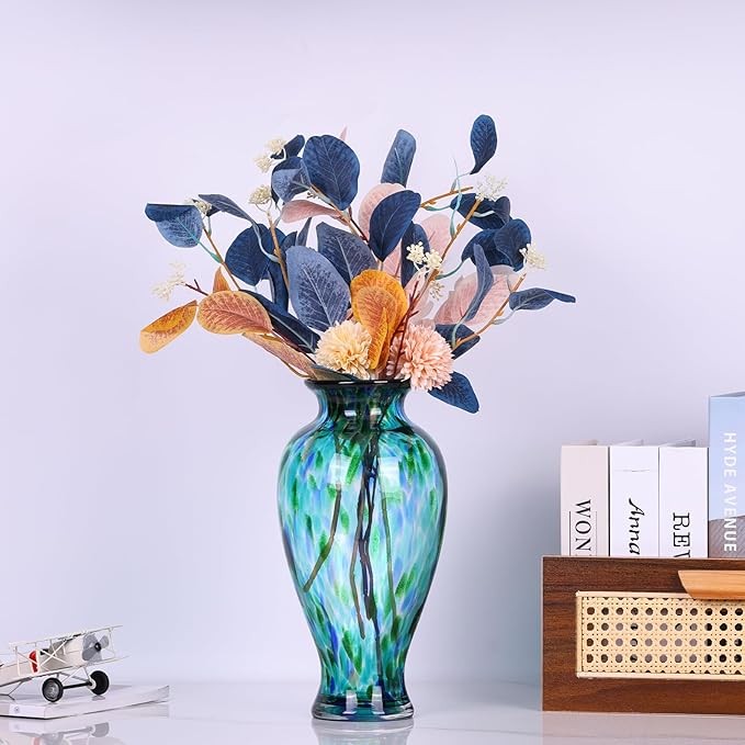 Hand Blown Glass Vase Tall 30cm Turquoise Art Flower Vase Table Centerpiece