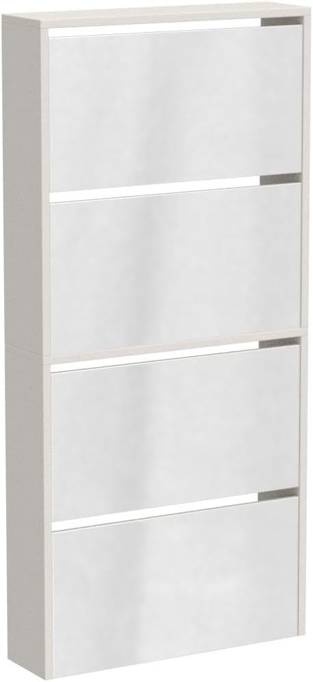White Mirrored Shoe Cabinet | Slim 4 Drawer Storage 63x17x134cm Unit
