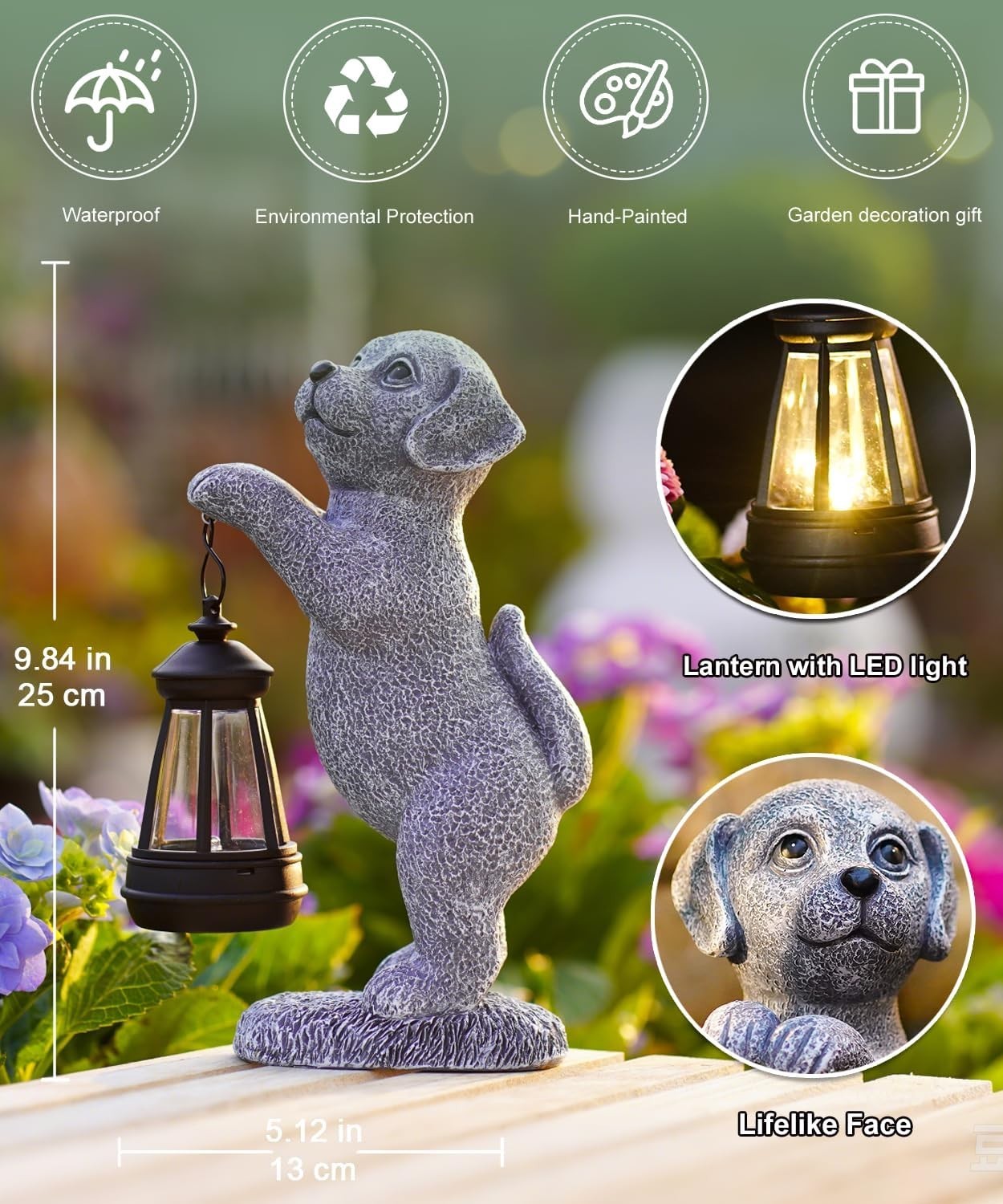 Solar Dog Garden Ornament with Lantern | Outdoor LED Statue Patio Lawn Decor