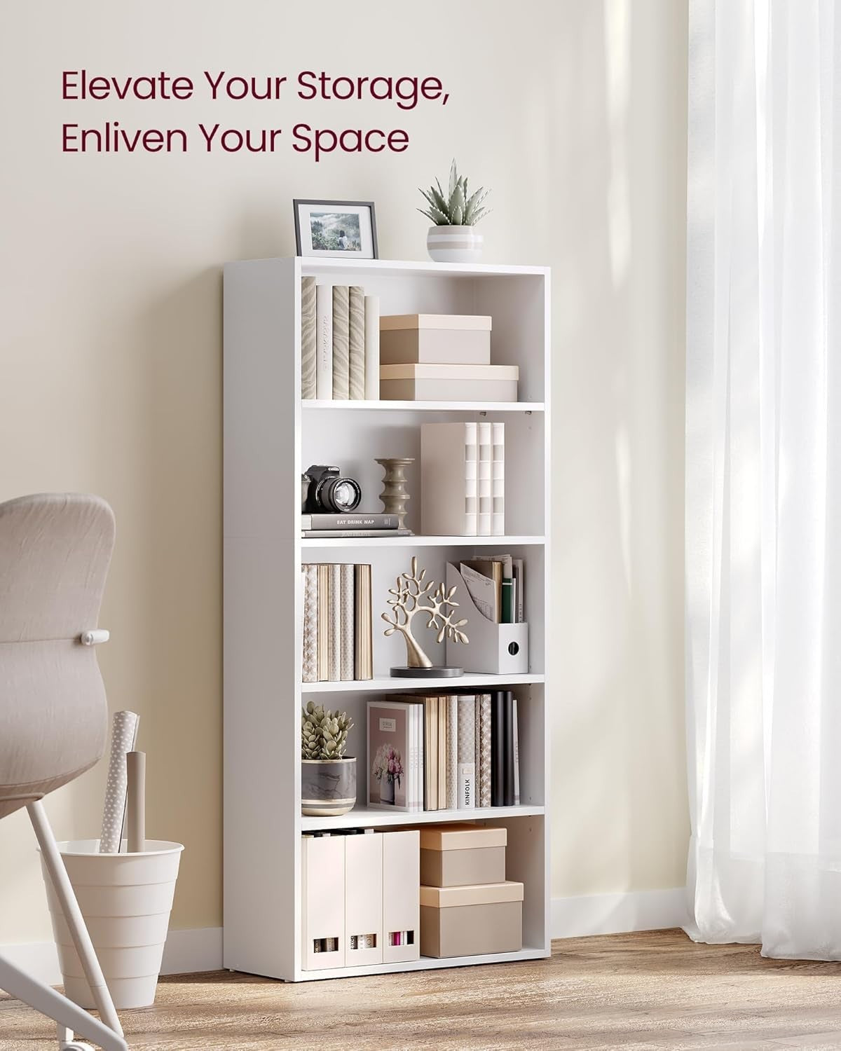 5 Tier Wooden Bookcase Tall Storage Display Book Shelf for Living Room White