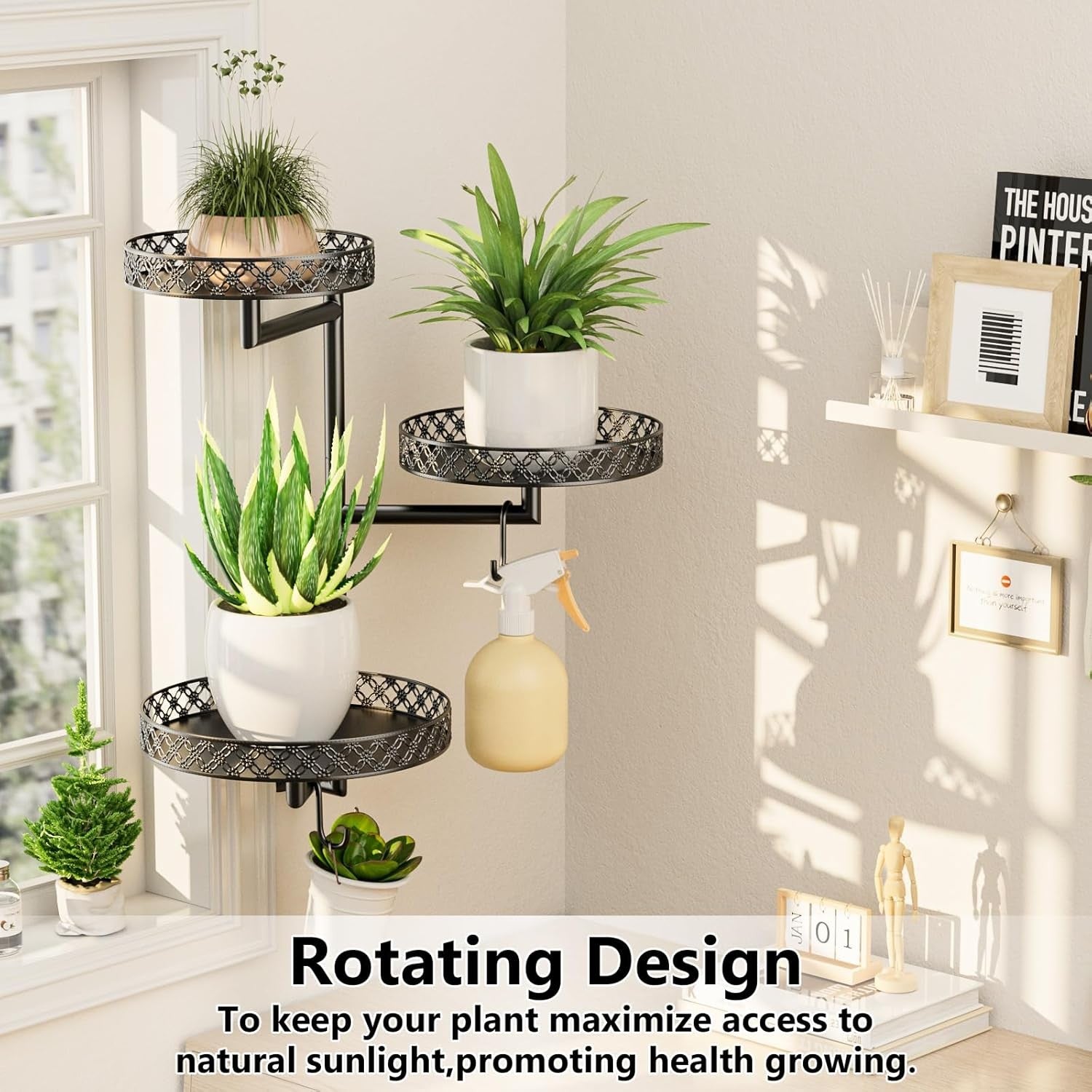 3 Tier Rotating Window Plant Shelf | Metal Wall Hanging Planter Rack with Hooks