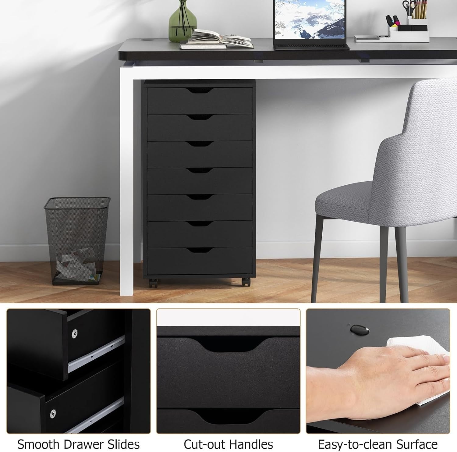 Black Mobile Filing Cabinet 7 Drawer Storage Unit with Wheels for Home Office