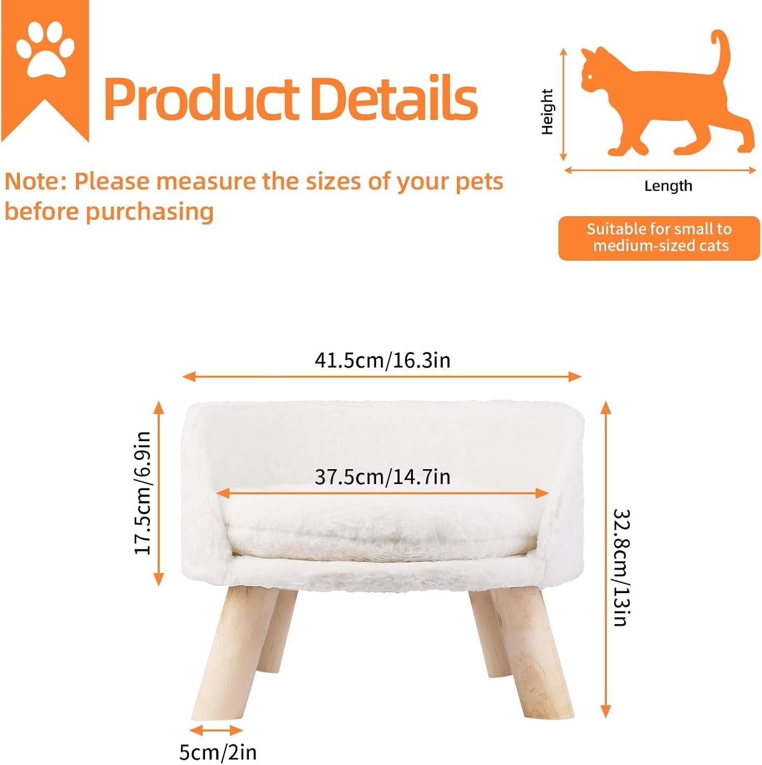 Elevated Cat Sofa Chair Bed Plush Pet Stool w Wooden Legs 40cm
