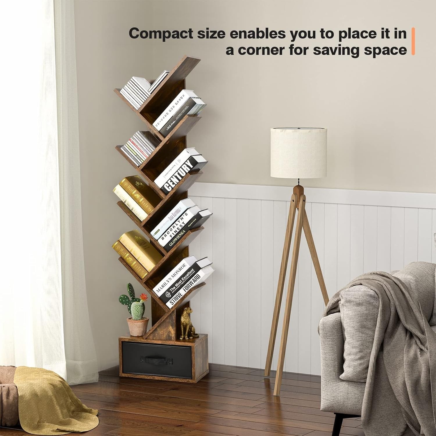 10 Tier Tree Bookshelf Tall Wooden Display Rack Freestanding Storage Unit Brown