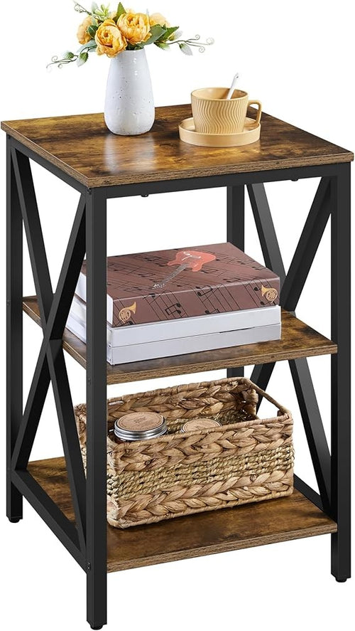 Rustic Brown 3-Tier Side Table | X-Design Industrial Bedside Table 39.5x39.5x62