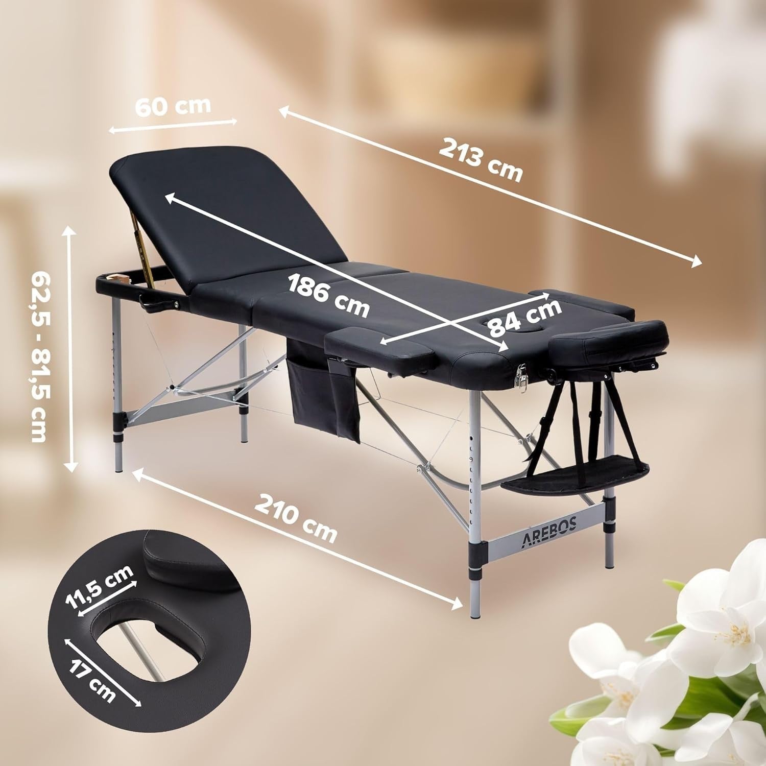 Arebos Portable Foldable Massage Table 3-Zone Height Adjustable Bed Black 60cm