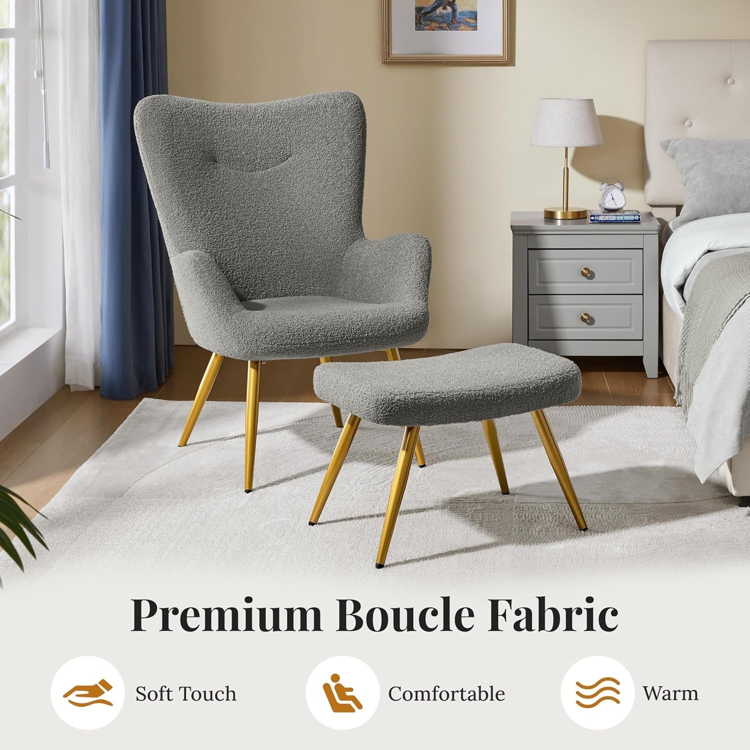 Boucle Armchair with Ottoman Set Sherpa Tub Chair Dark Grey
