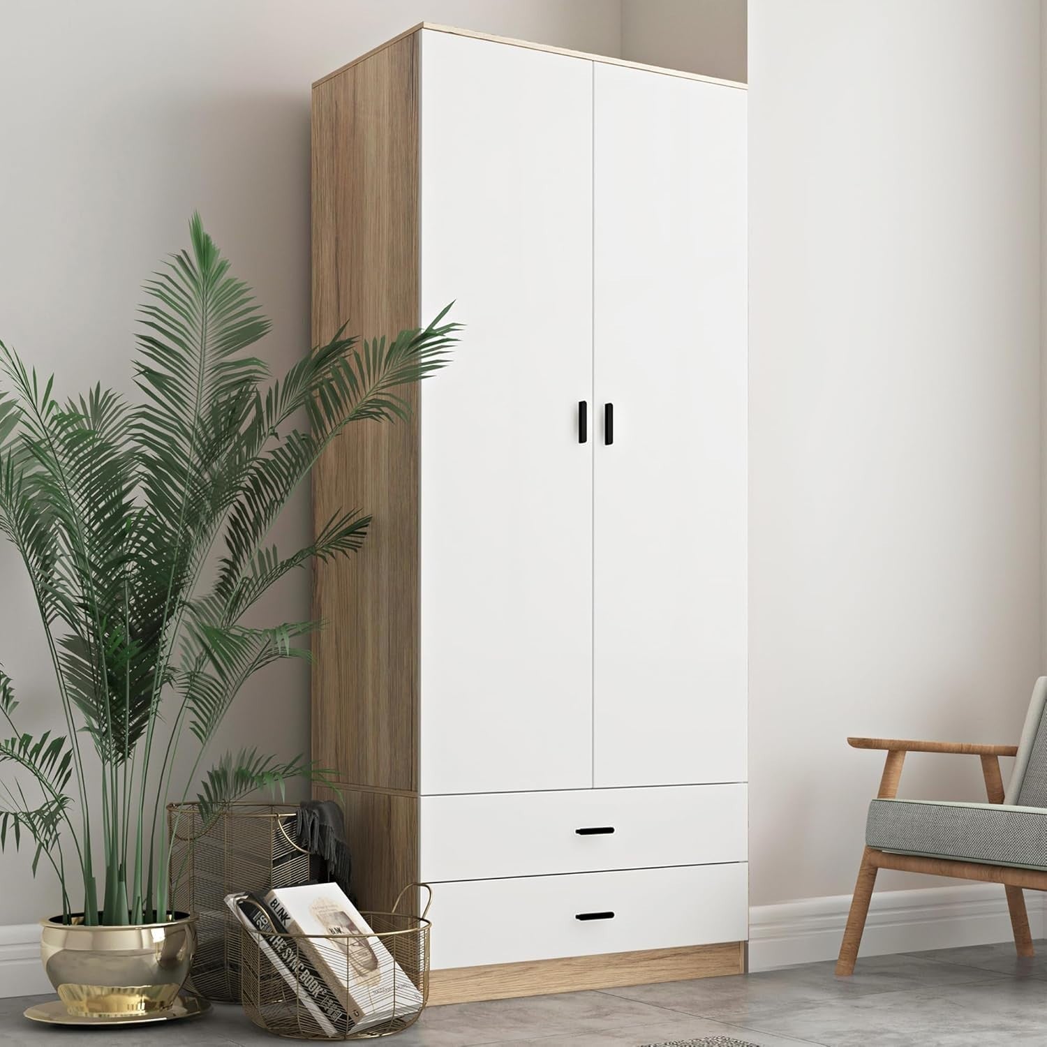 Tall Oak 2 Door Wardrobe with Drawers Hanging Rail Storage Unit