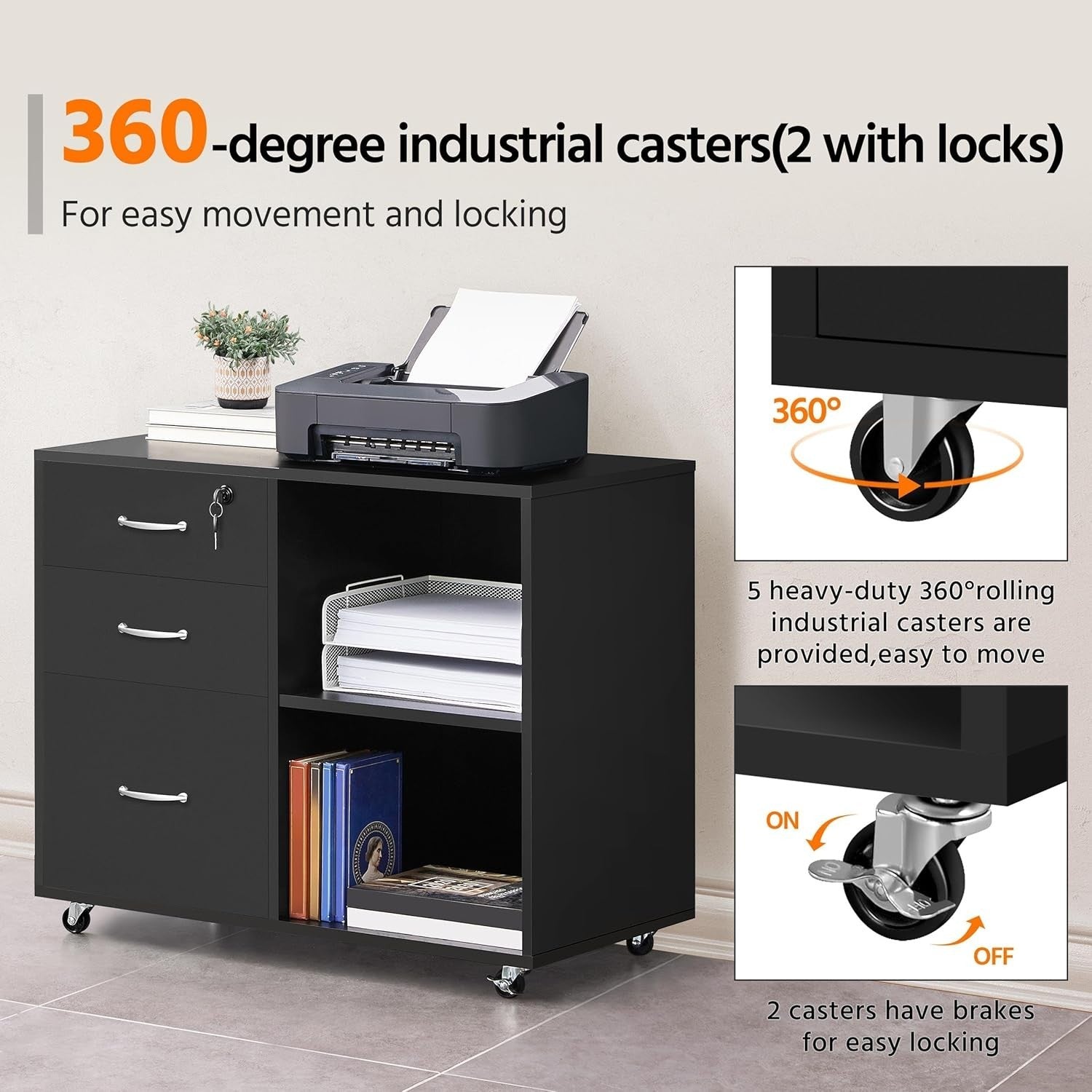 Black Mobile Filing Cabinet with 3 Drawers and Shelves Office Storage Unit