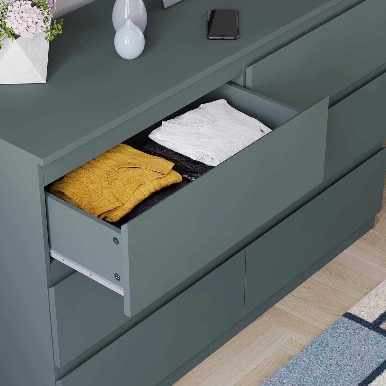 Modern 6 Drawer Chest Storage Unit – Green Wood Bedroom Cabinet