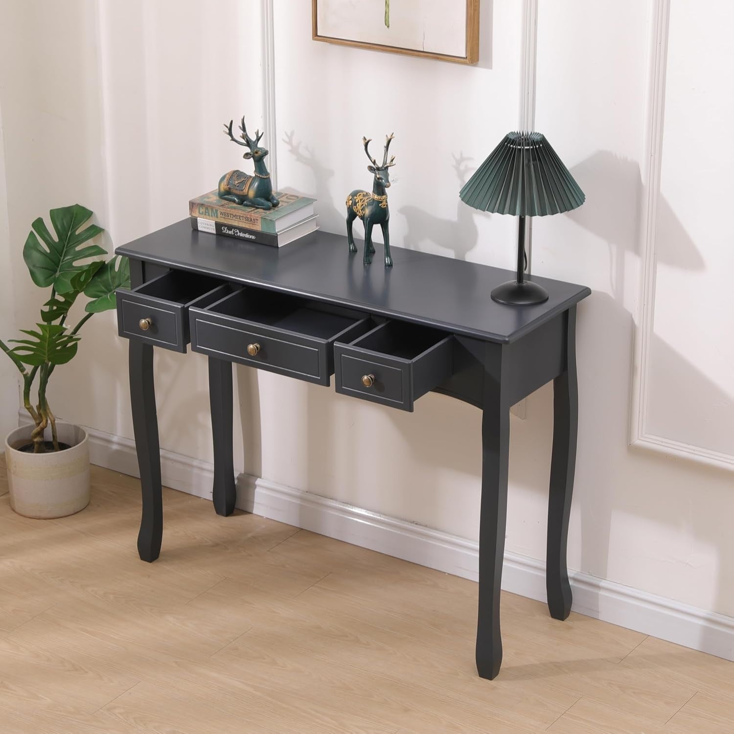 Console Table with 3 Drawers Dark Grey Solid Wood Legs Hallway Living Room