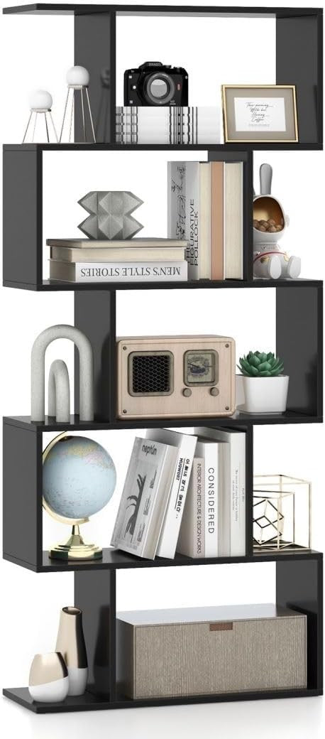 Modern S-Shaped 5/6 Tier Bookcase Elegant Display Shelf Storage Unit Black