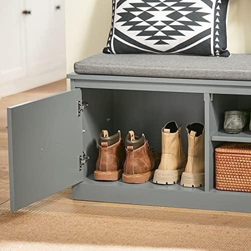 Modern Hallway Storage Bench with Cushion Seat Shoe Rack Grey MDF 98x37x49cm