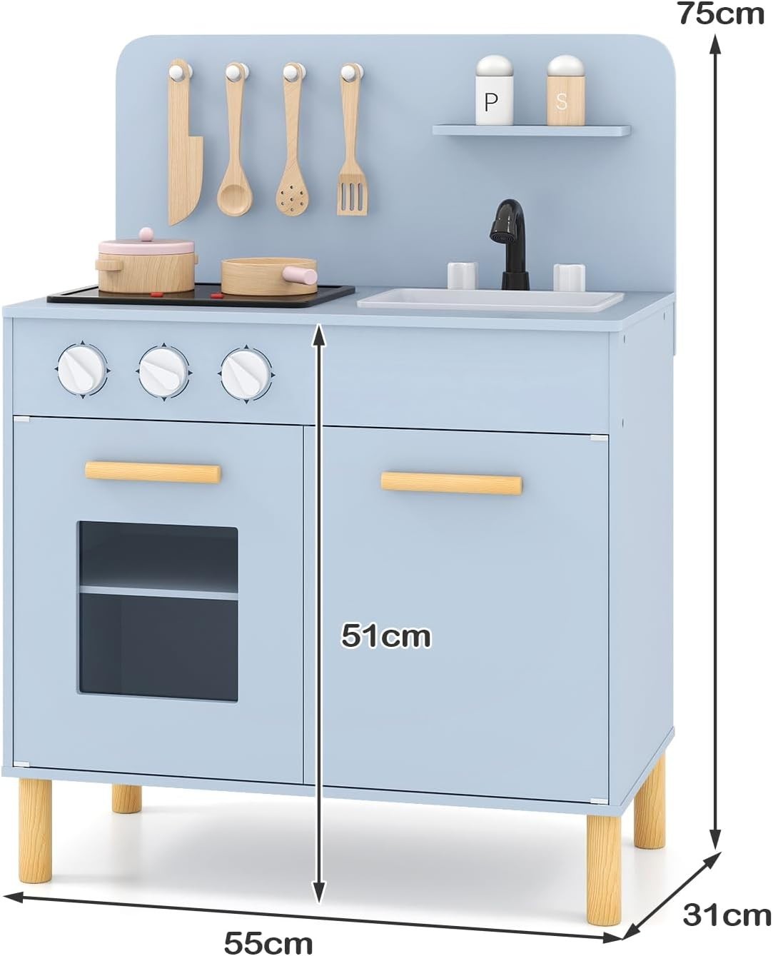 Wooden Kids Play Kitchen Blue Lights Sounds Oven Chef Toy Set