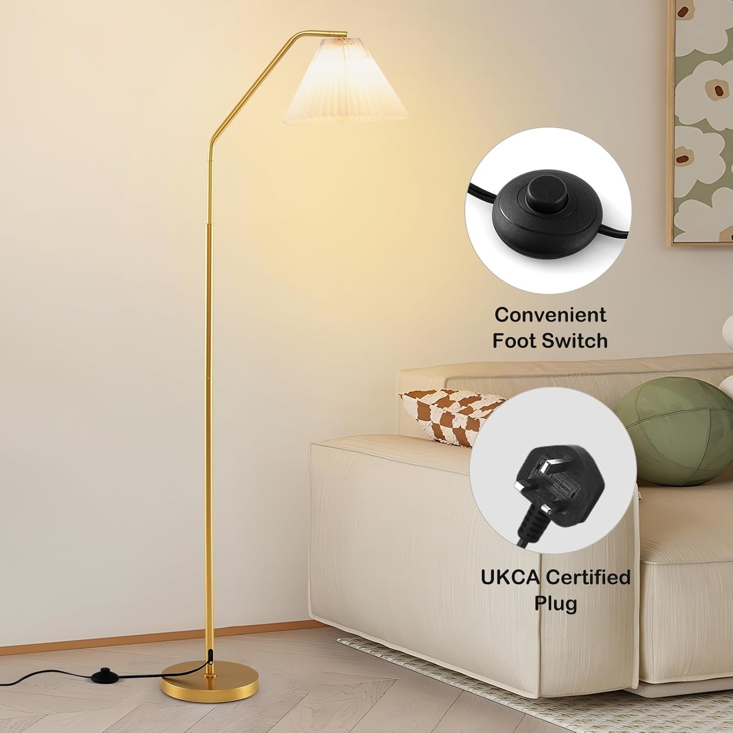 Arc Floor Lamp 168cm Adjustable Head E27 Pleated Shade Foot Switch