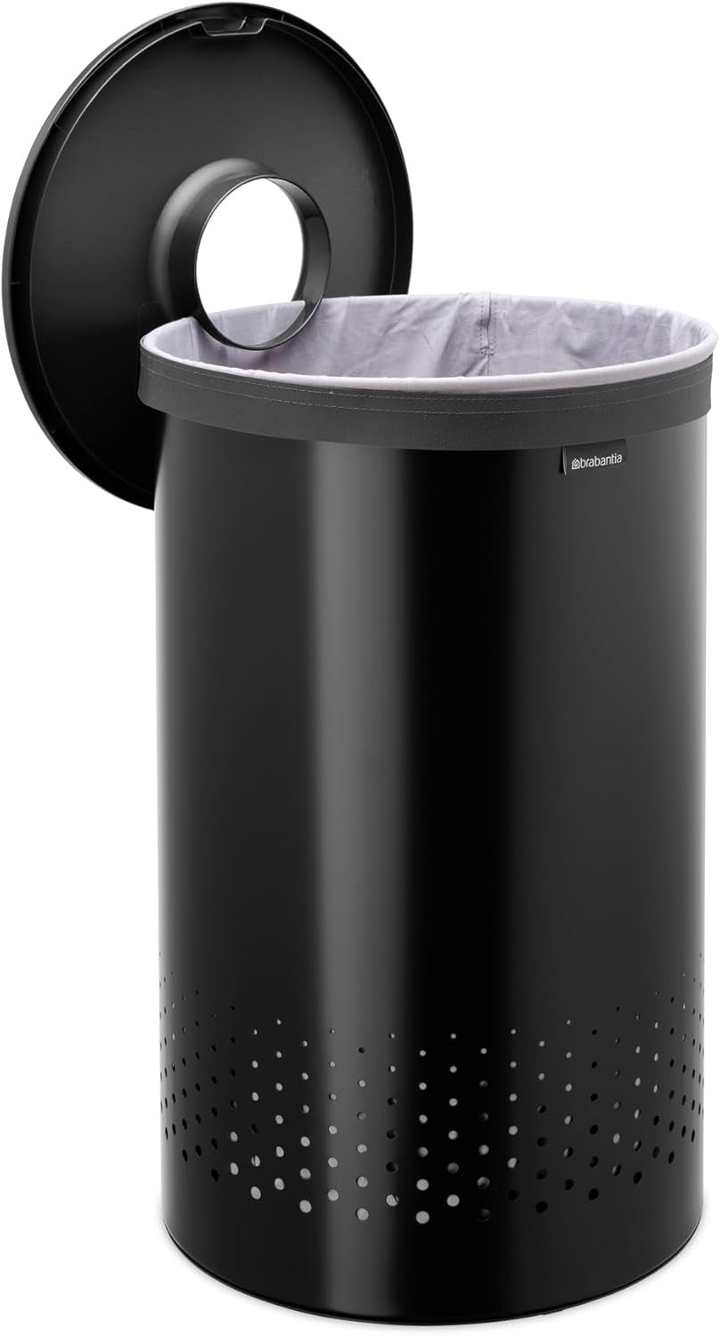 60L Matt Black Laundry Bin with Lid & Quick-Drop Opening Removable Cotton Bag