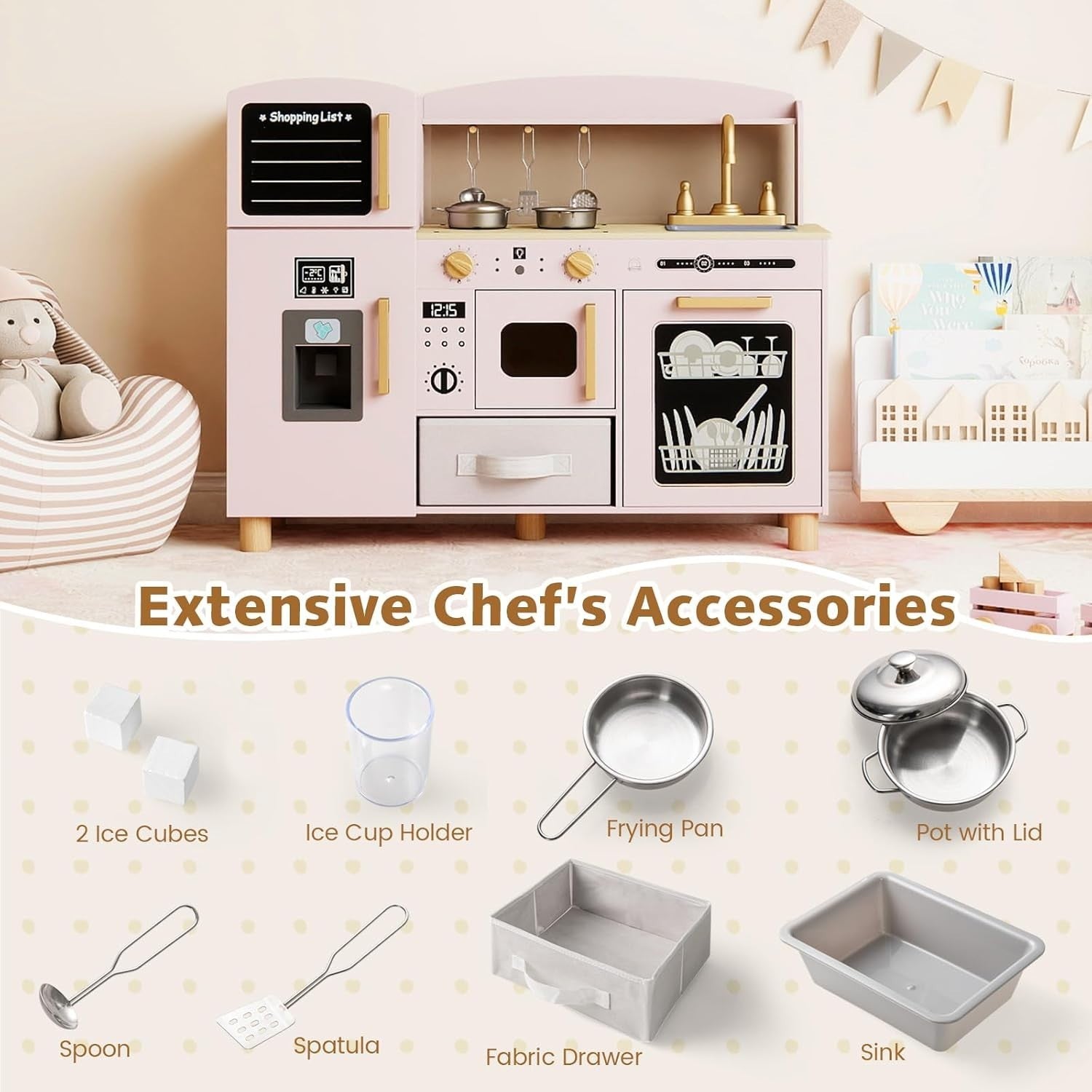 Wooden Kids Play Kitchen Pink w/ Ice Maker Sink Blackboard Toy Set