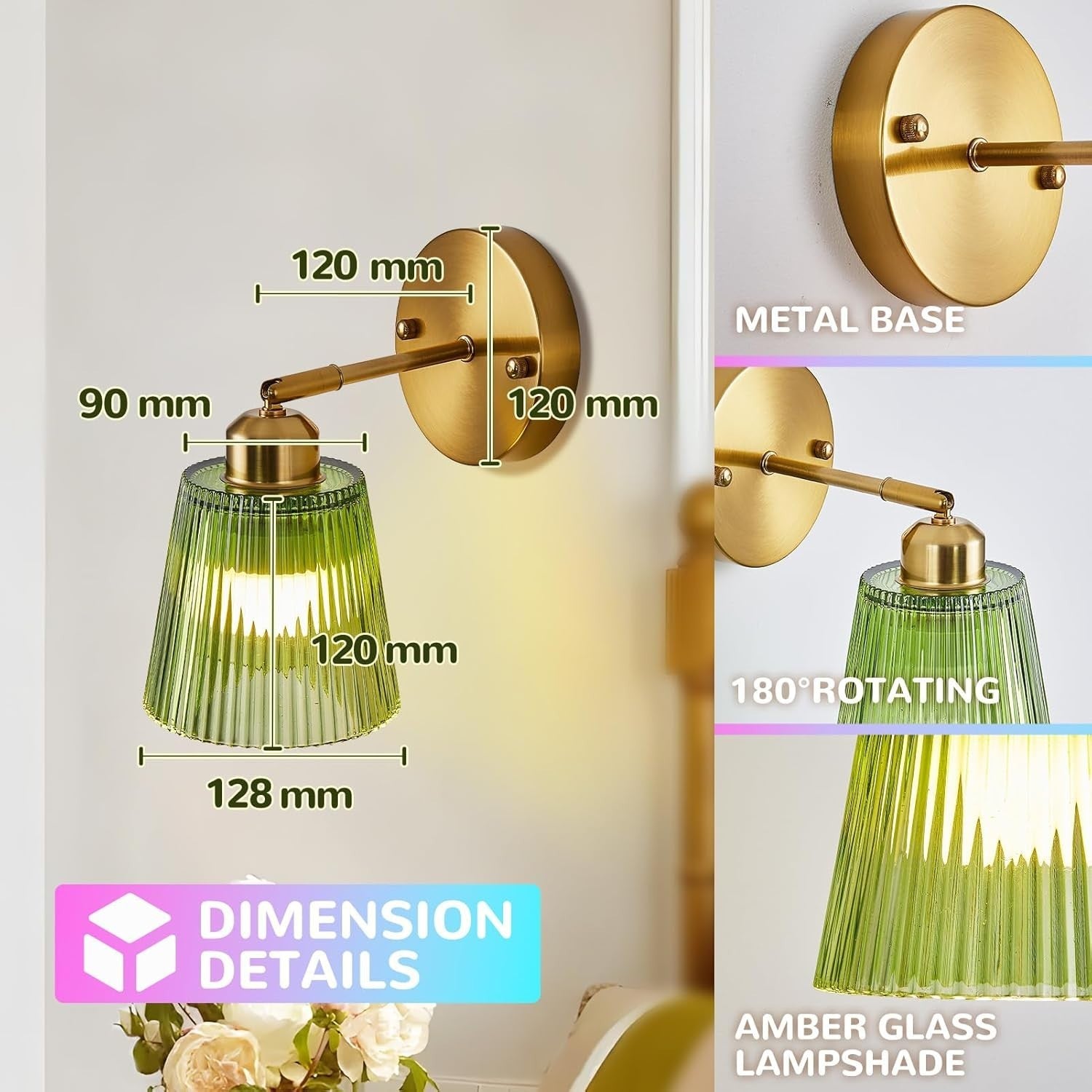 Rechargeable Green Glass Wall Sconce, Wireless LED, Remote Control