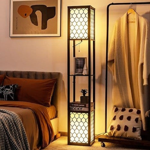 Floor Lamp with Shelves Twin Lampshade Storage Standing Light Reading Lamp