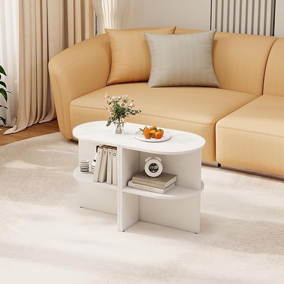 Half Round Side Table with Shelves | Modern White 2-Tier Bedside Sofa End Table