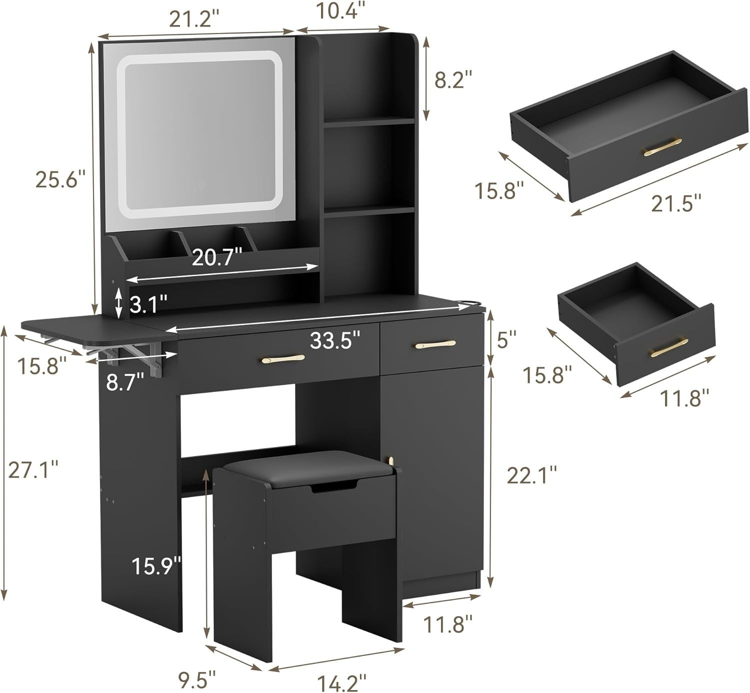 Wood Vanity Table Set w/ 3 Drawers, Lighted Mirror, USB Ports, Hairdryer Holder