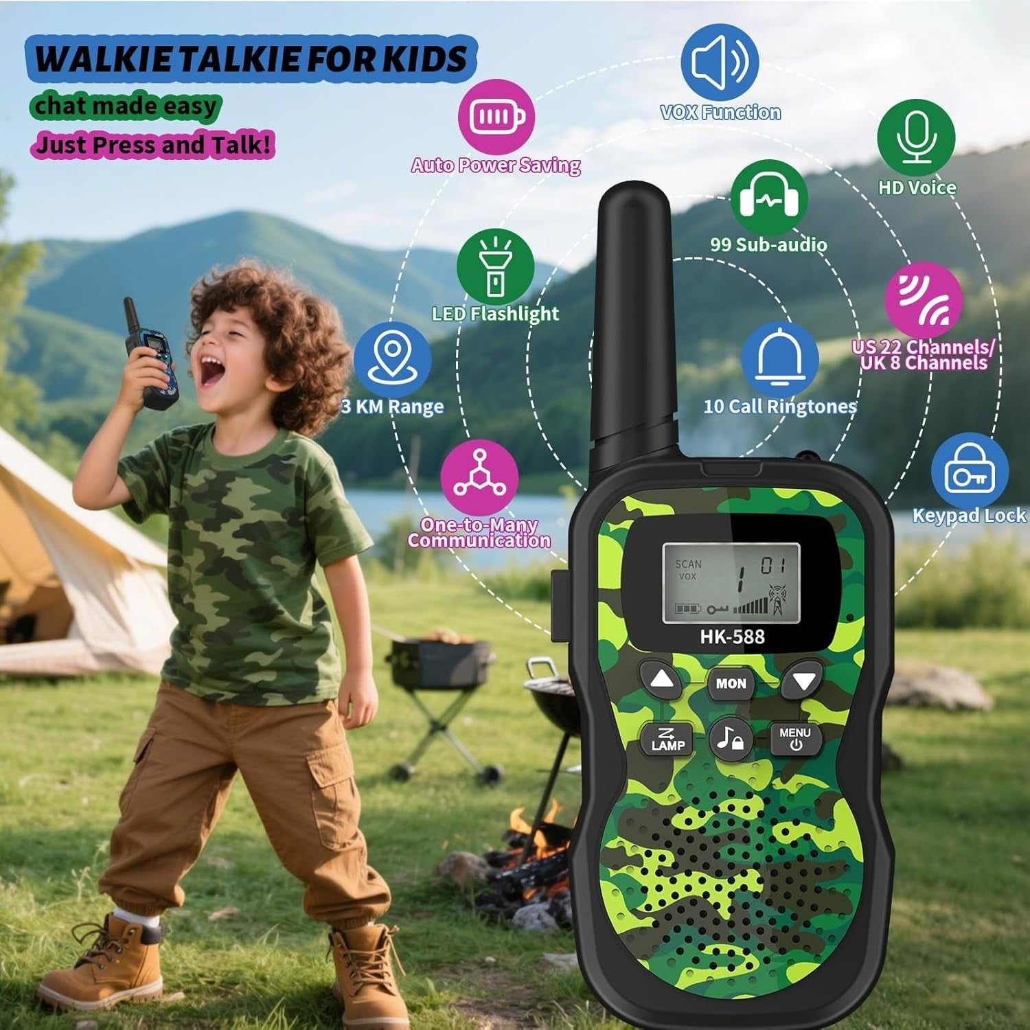 Kids Walkie Talkies Rechargeable 3 Pack 8 Channel VOX Long Range Camo