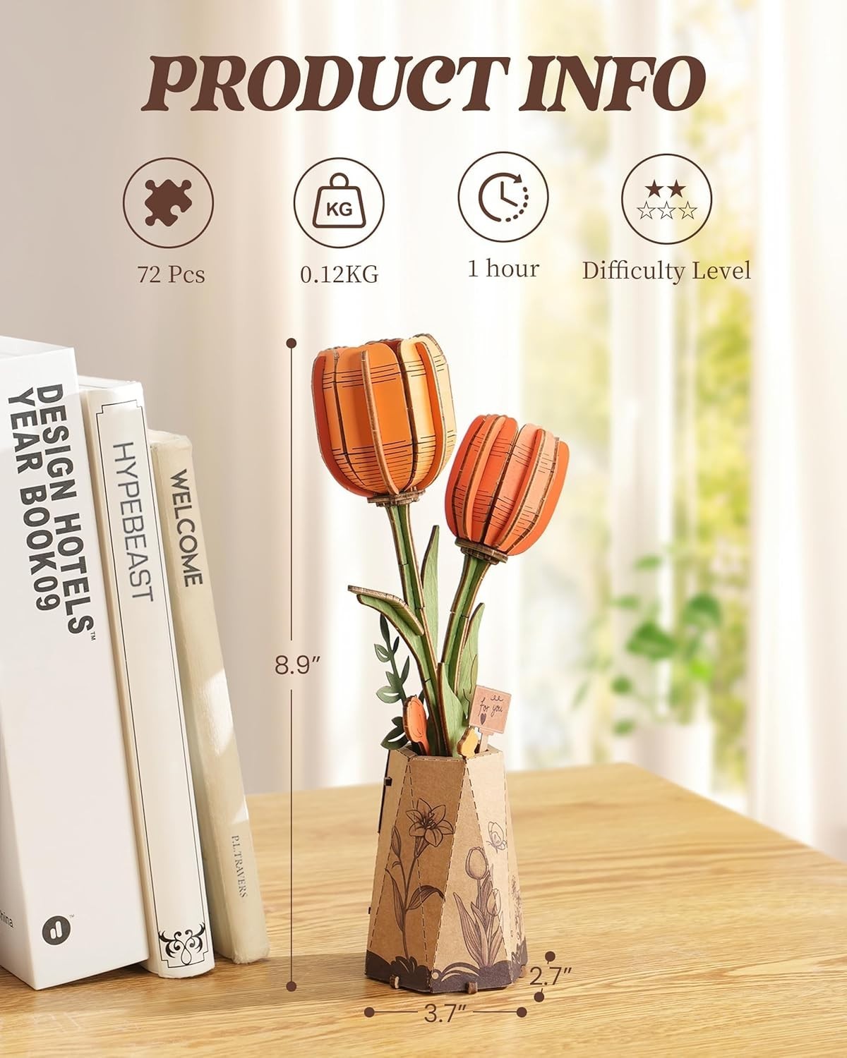 Wooden 3D Tulip Puzzle Flower Decor – DIY Gift for Women, Table Display