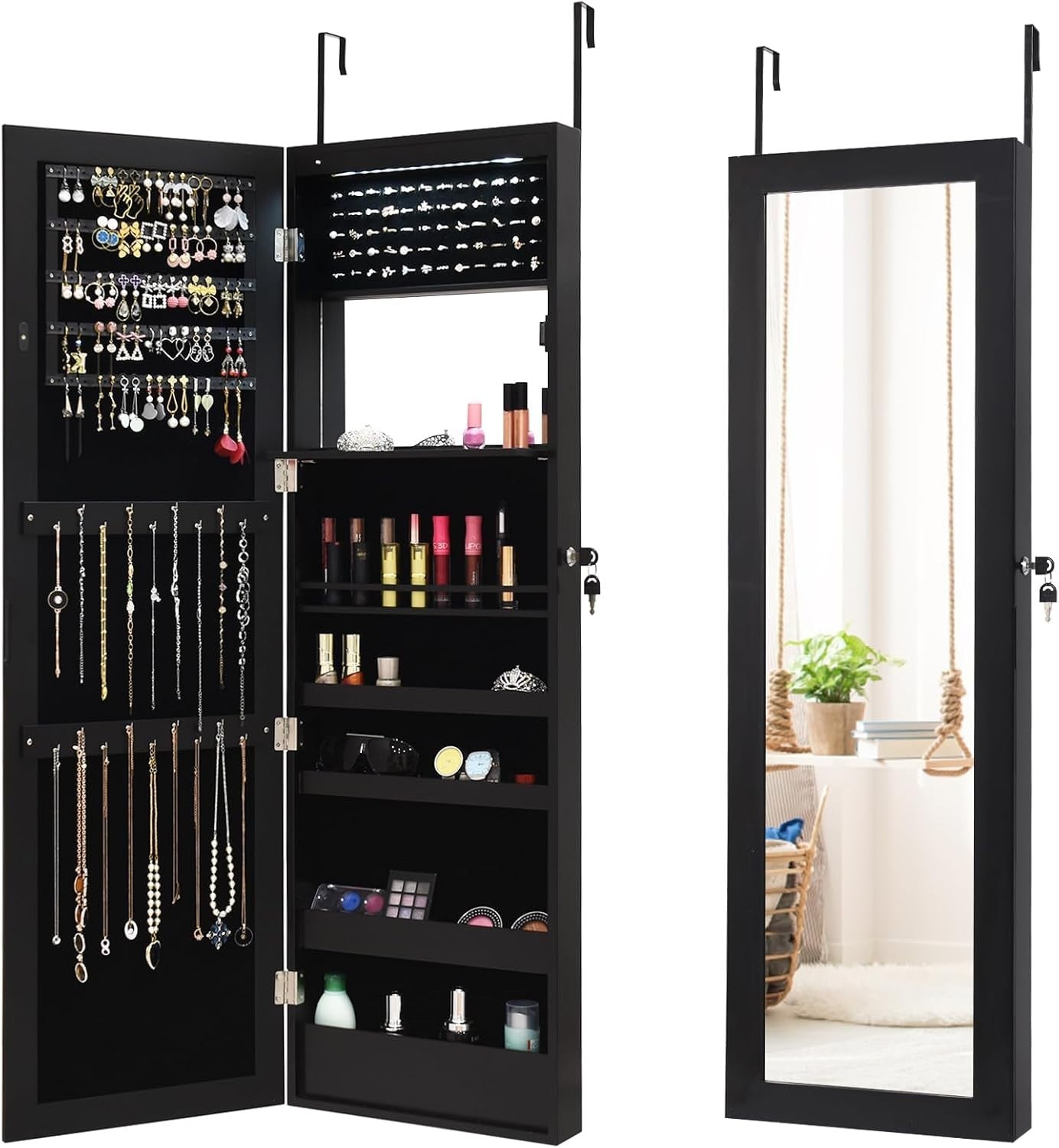 Black LED Jewellery Cabinet Wall Door Mounted Full Length Mirror Lockable