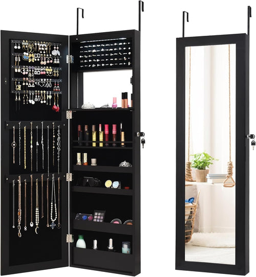 Black LED Jewellery Cabinet Wall Door Mounted Full Length Mirror Lockable