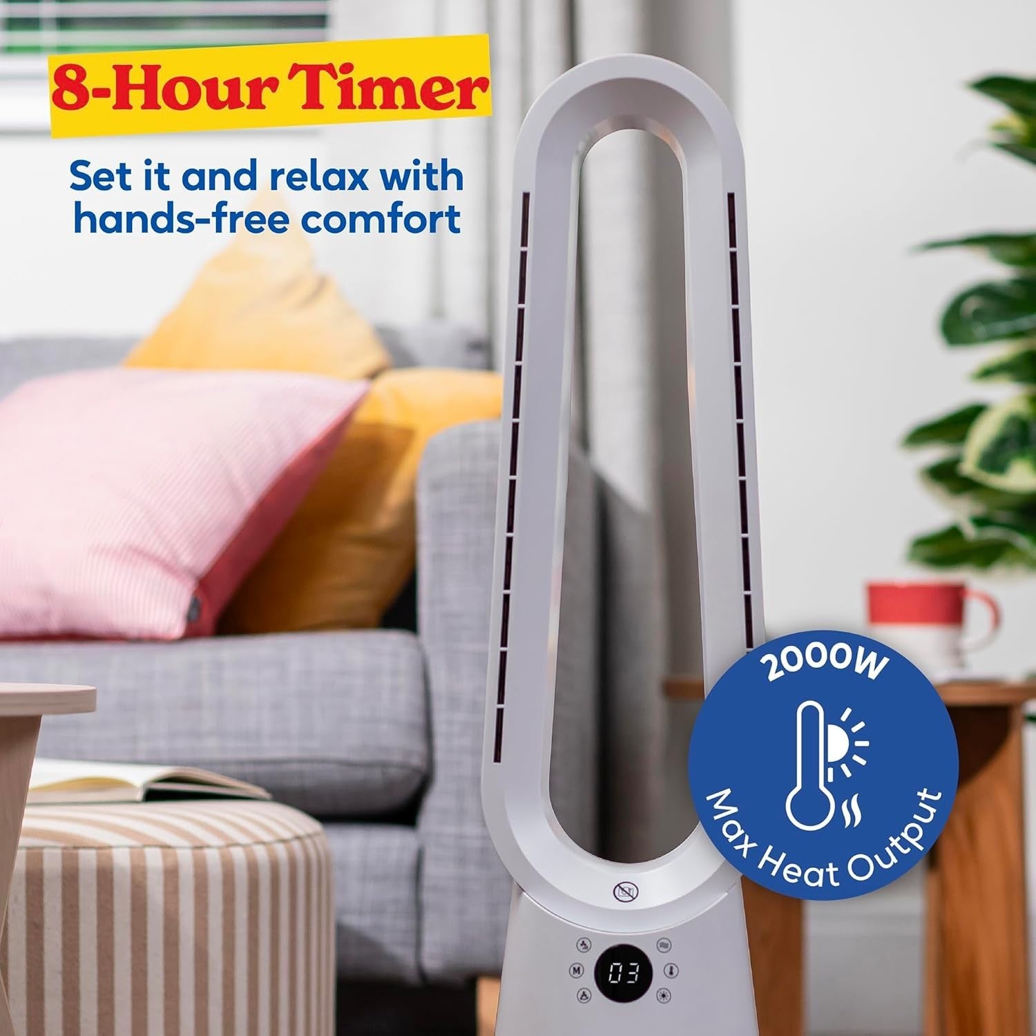 Bladeless Tower Fan & Heater – 2000W 9-Speed LED Display Remote White