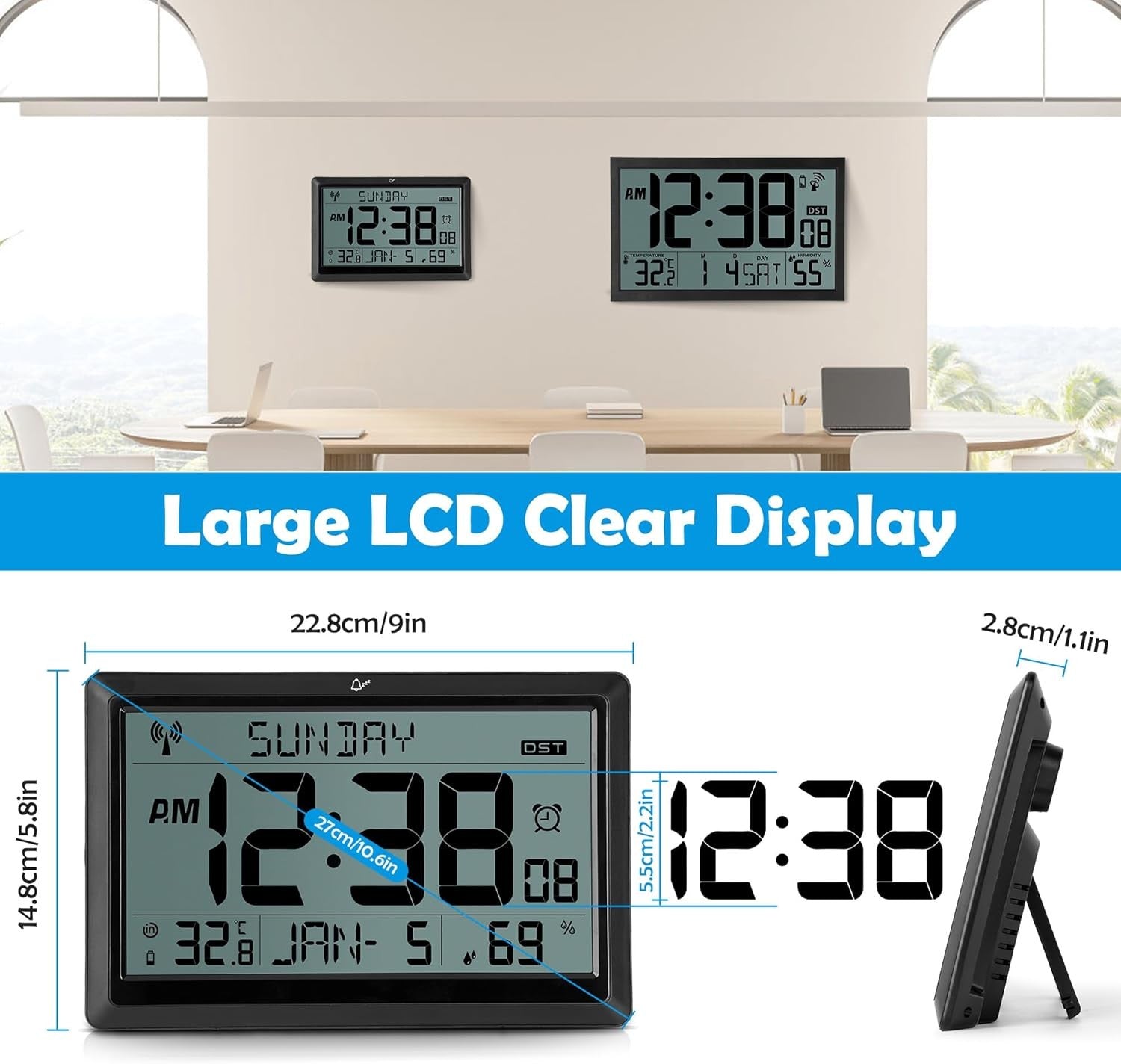 Large Digital Wall Clock Temperature Humidity Date LCD Battery Operated