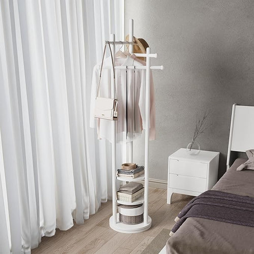 White Wooden Coat Rack Stand | 3 Shelves 360° Rotating 9 Hooks Hall Tree