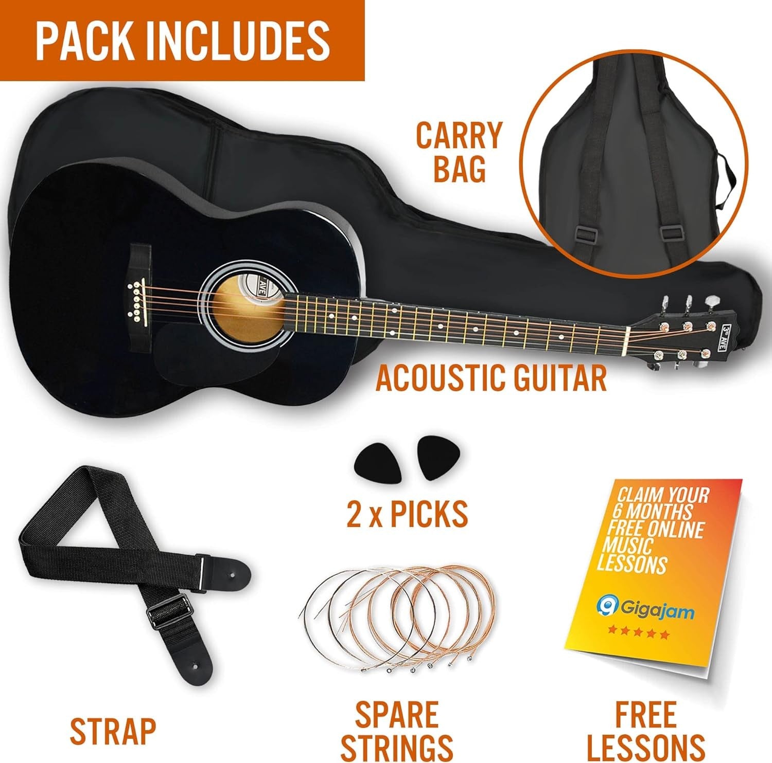 Full Size 4/4 Acoustic Guitar Starter Pack Steel String Black