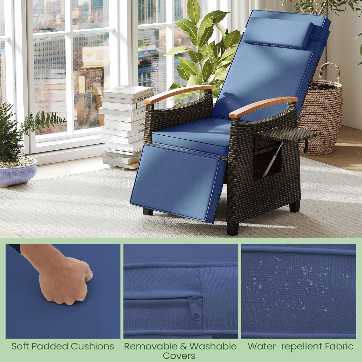Adjustable Rattan Recliner Chair Cushioned Sun Lounger with Footrest