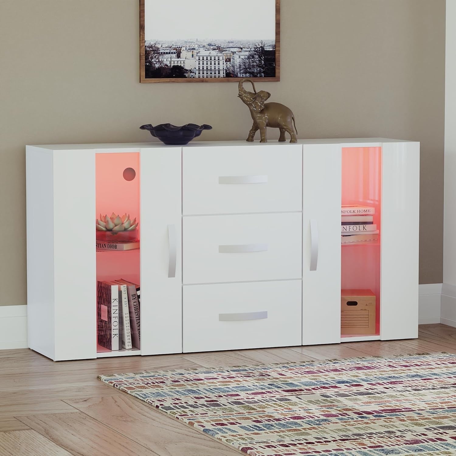 White LED Sideboard Cabinet RGB Lights 2 Door 3 Drawer Storage Unit**