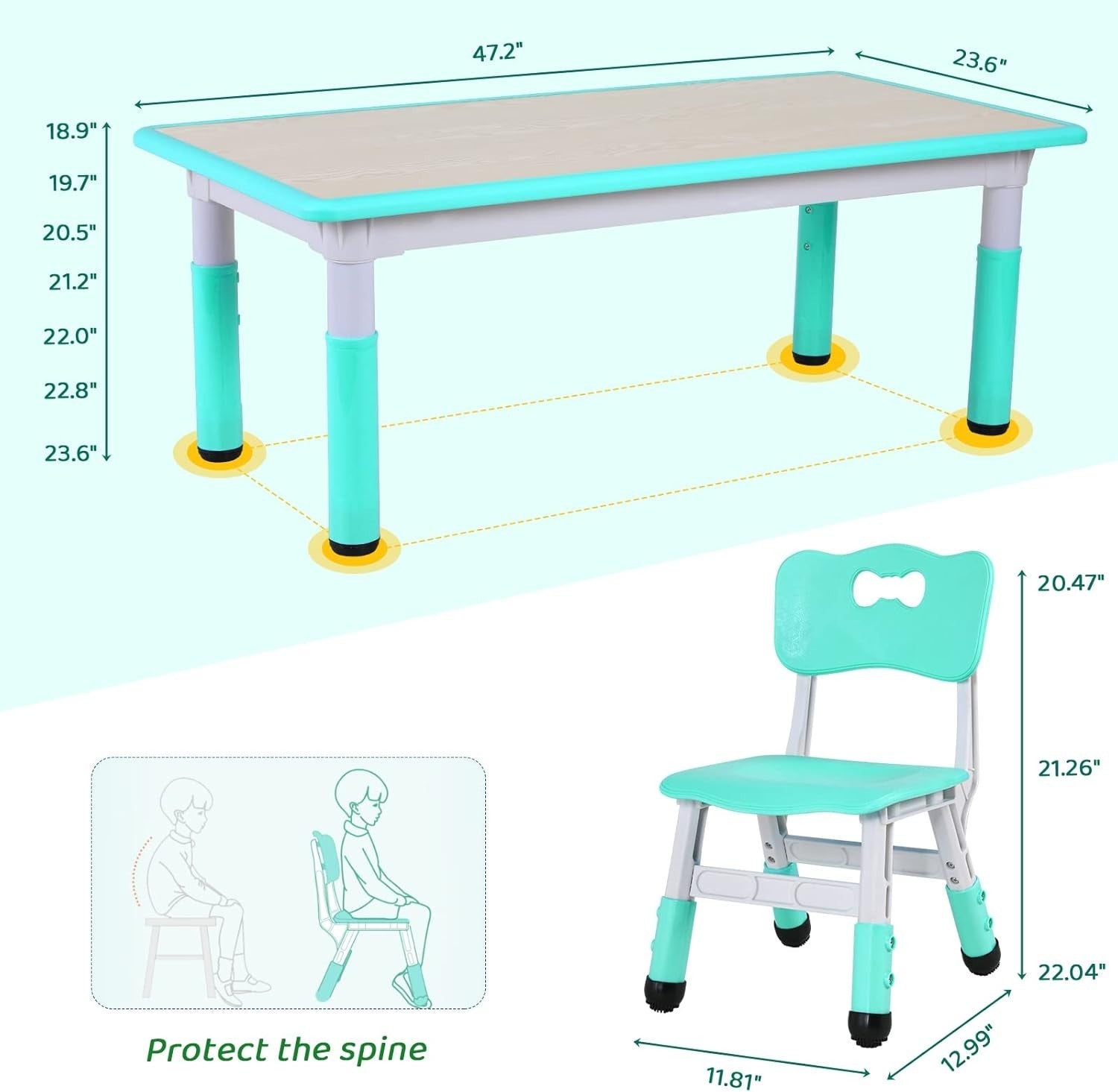 Height Adjustable Kids Table & 4 Chairs Set, Safe Plastic, 120x60cm Green
