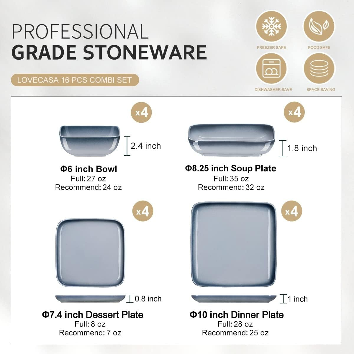 16pc Stoneware Dinner Set Square Plates Bowls Gradient Grey Modern