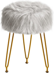 Gray Faux Fur Round Vanity Stool – Soft Padded Makeup Seat with Metal Legs