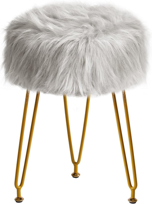 Gray Faux Fur Round Vanity Stool – Soft Padded Makeup Seat with Metal Legs
