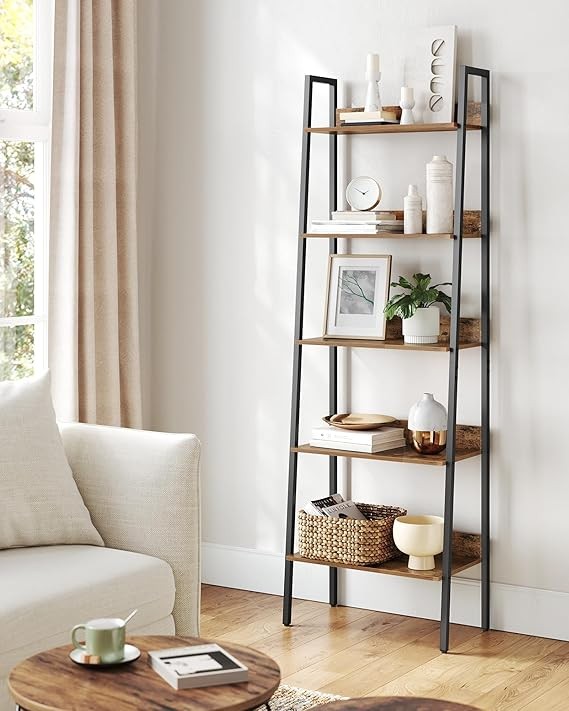 5-Tier Industrial Ladder Shelf Rustic Brown Metal Frame Freestanding Bookcase