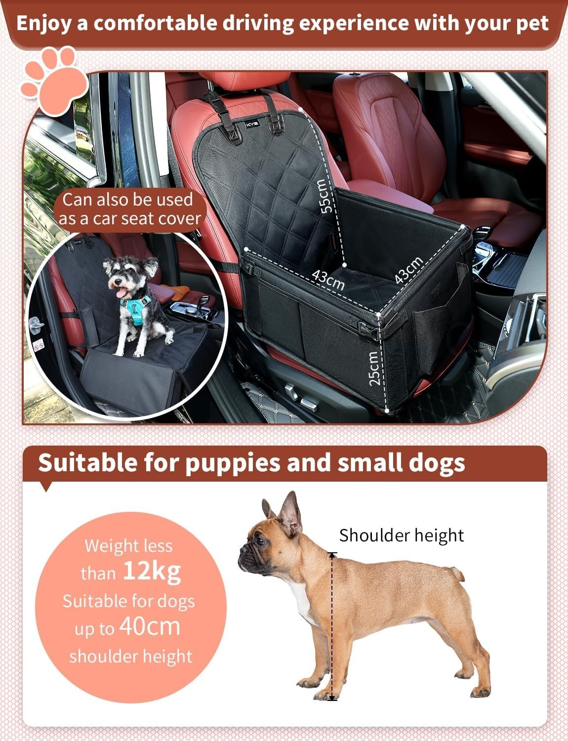 Waterproof Dog Booster Car Seat Non Slip Travel Bed 12kg Black