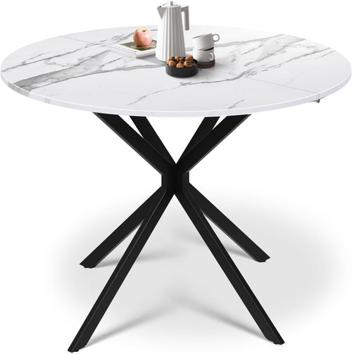 Folding Round Drop Leaf Dining Table Marble Effect Small Space Kitchen