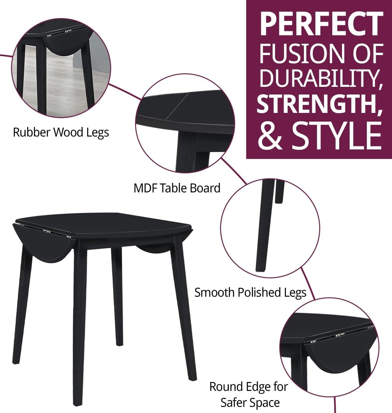 Round Drop Leaf Dining Table Small Folding Space Saving Kitchen Table Black
