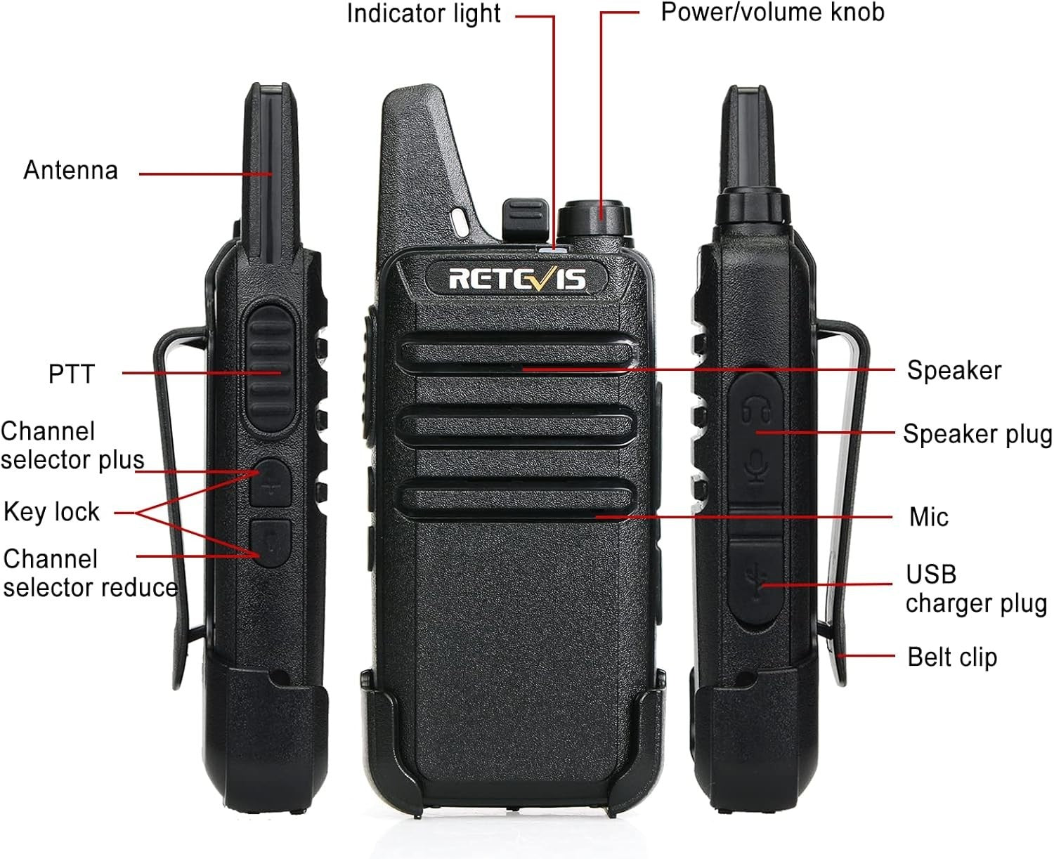 Mini Walkie Talkies PMR446 Rechargeable VOX w Headset 2 Pairs Black