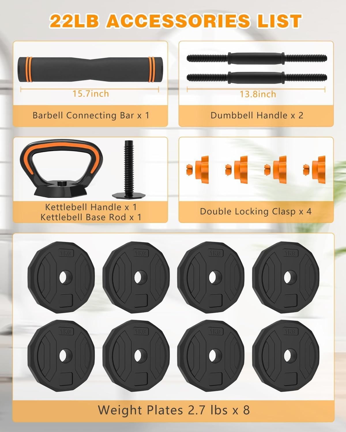 22LB Adjustable Dumbbell Set 4 in 1 Home Gym Barbell Kettlebell