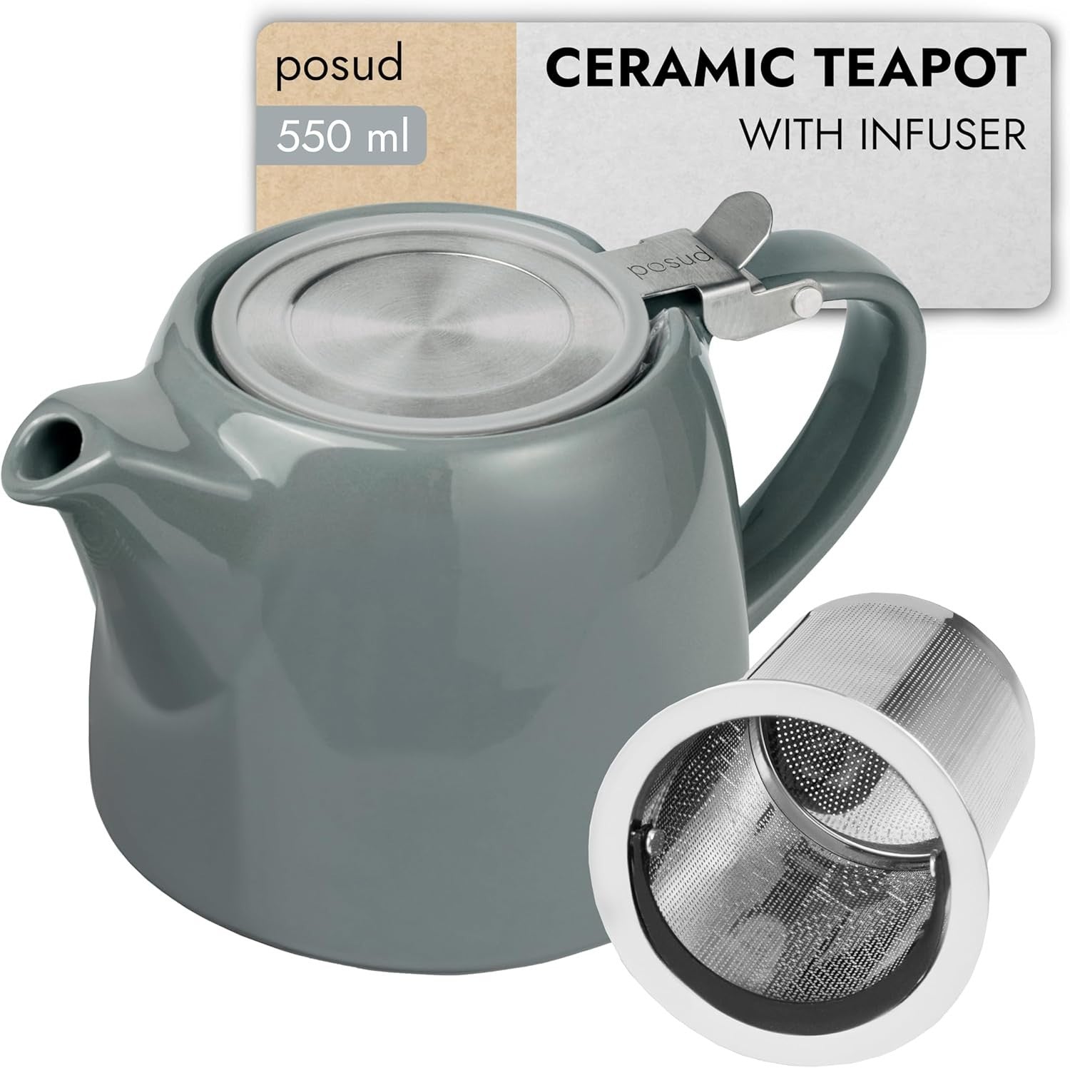Ceramic Teapot with Infuser 550ml Loose Leaf Tea Pot for 2 Cups Grey
