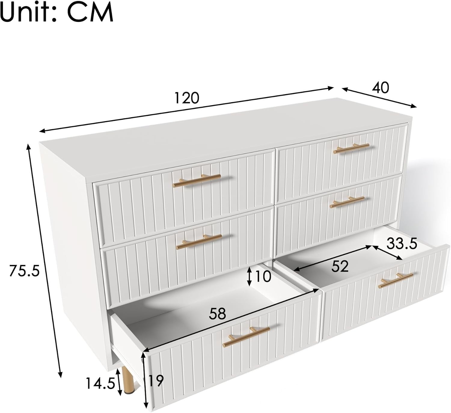 White Gold 6 Drawer Sideboard Cabinet Chest Modern Storage 120cm Wide